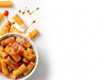 Rigatoni pasta with tomato sauce on a white background.
