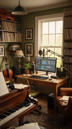 Interior of a music room with a piano, violin, desk, books and a microphoneの写真素材