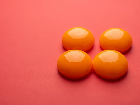 Orange candy on a red background. Top view. Copy space.