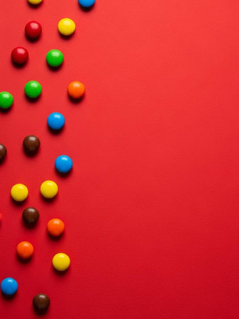 Colorful candies on red background. Top view with copy space