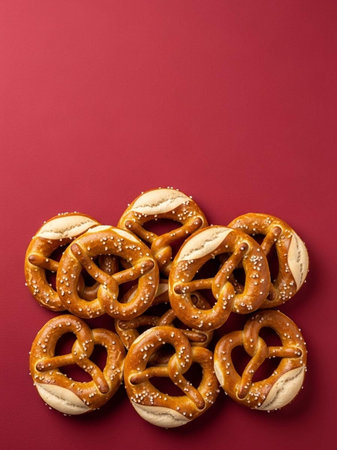 Bavarian pretzels on a red background, top view