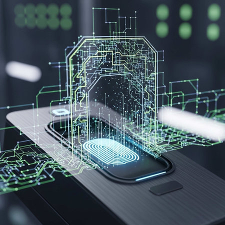 Smartphone with abstract circuit interface on blurry background. 3D Rendering
