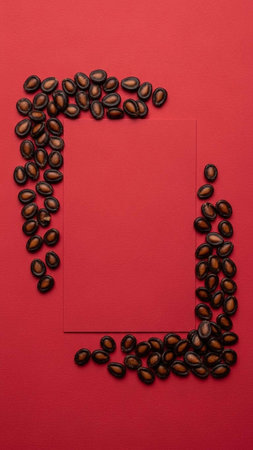Coffee beans on a red background with a place for text