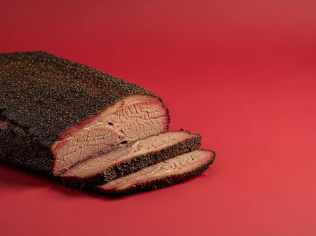 Sliced roast beef on a red background with copy space.の写真素材