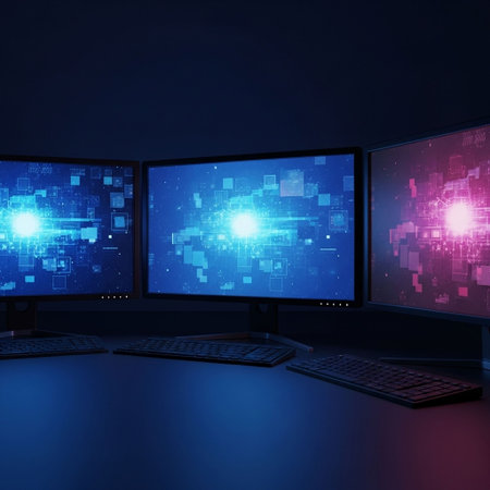 Computer screen with blue and purple digital background. 3D Rendering