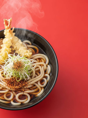 Japanese udon noodles with shrimps tempura on red backgroundの写真素材