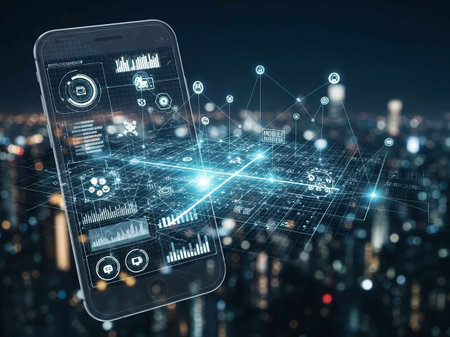 Smartphone with digital business interface on blurry city background. 3D Rendering