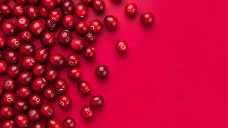 Cranberries on a red background. Flat lay, top view.