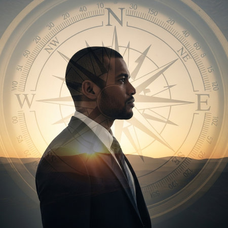 Side view of thoughtful African American businessman looking at compass against sunrise over...