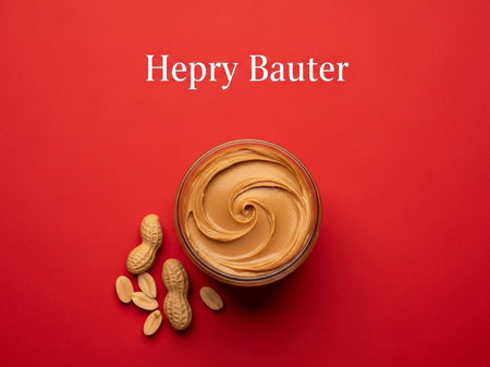 top view of peanut butter in glass bowl on red background