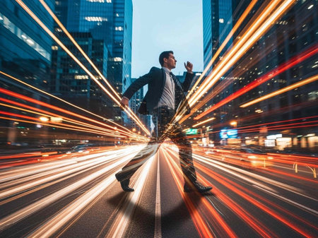 Businessman walking in the city at night with motion blur effect.