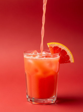 Grapefruit juice is poured into a glass on a red background