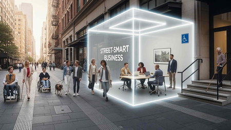 Digital composite of Business people walking in the street with digital cube interfaceの写真素材
