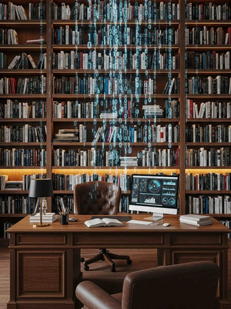 Bookshelf with books and computers in the library. 3d renderingの写真素材
