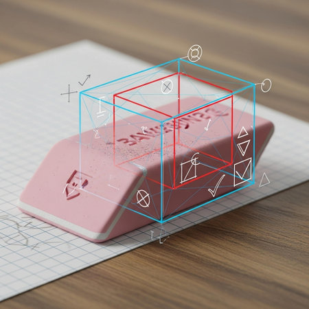 Conceptual image with a 3D cube on a notepadの写真素材