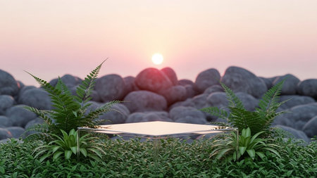 3d render of podium in the middle of the stones with plant.の写真素材