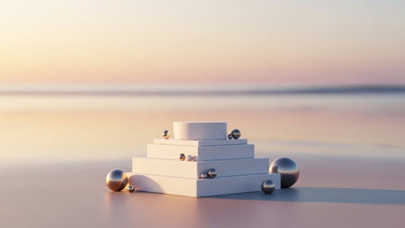 White pyramid with pearls on the beach at sunset. 3d renderingの写真素材