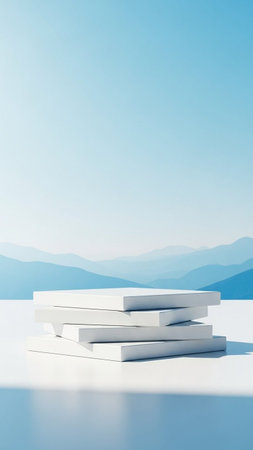 3d rendering of white podium in blue sky with mountains in backgroundの写真素材