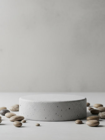 Minimal scene with concrete podium and pebbles on grey backgroundの写真素材