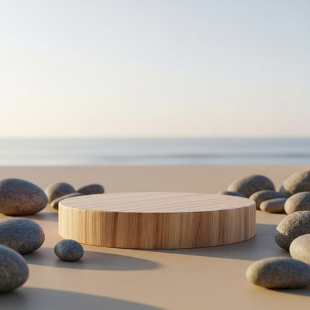 Wooden podium on the beach. 3d render. Abstract background.の写真素材