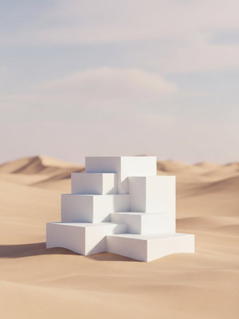 White geometric shapes in the desert. 3d render. Illustration.の写真素材