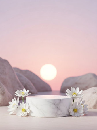 White marble podium with daisies on the background of the setting sunの写真素材