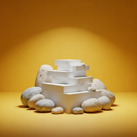 Abstract composition of stones and podiums on a yellow background. 3d renderの写真素材