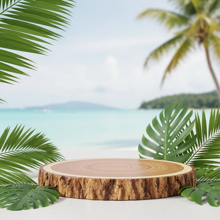 Wooden podium on a tropical beach with palm leaves. 3d renderingの写真素材