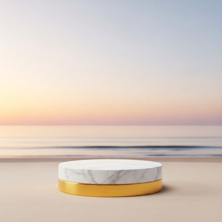 Minimalistic scene with white marble podium on the beach. 3d renderの写真素材