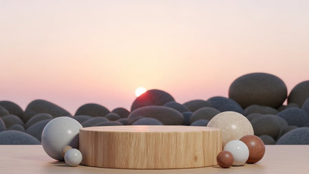 Wooden podium with marble balls and sunset background. 3D renderingの写真素材