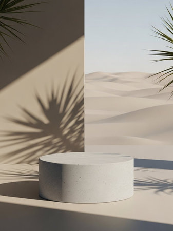 3d render of minimal geometric forms, podium for product presentation in the desertの写真素材