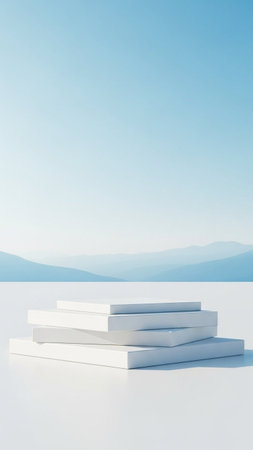 3d render of white podium with blue mountains in the background.の写真素材
