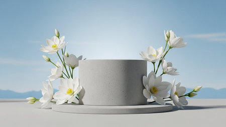 3d render, white marble podium with flowers on blue sky backgroundの写真素材
