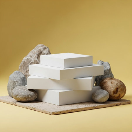 White podium with stones on a yellow background. 3d render.の写真素材