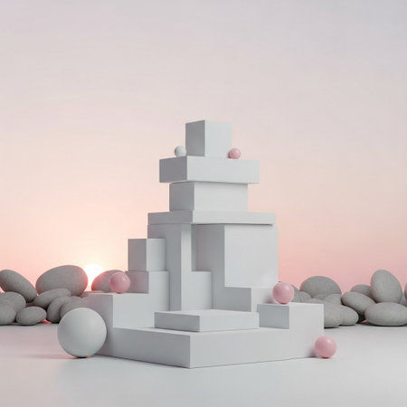 3d rendering of white pyramid with balls and stones in the backgroundの写真素材