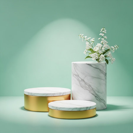 Minimal scene with white marble podiums on mint background. 3d renderの写真素材