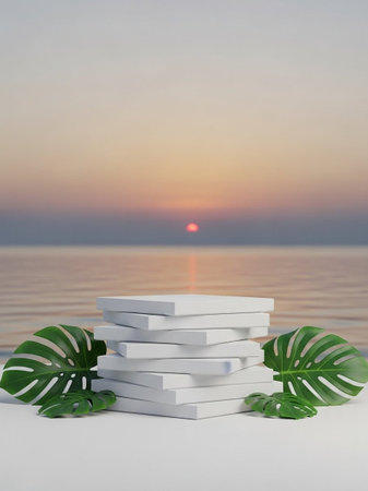 Stack of books on the beach with tropical leaves. 3d rendering
