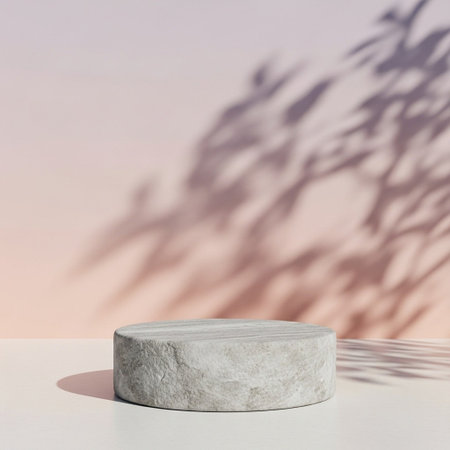 3d render of white marble podium for product presentation. Abstract background with shadows overlay.の写真素材