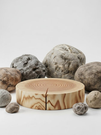 Wooden podium and stones on a white background. 3d rendering