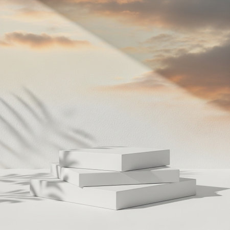 3d render of white podium on the background of sky with cloudsの写真素材