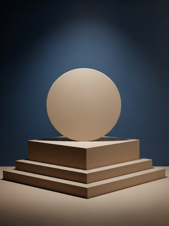3d rendering of a round podium on a blue background with a shadowの写真素材