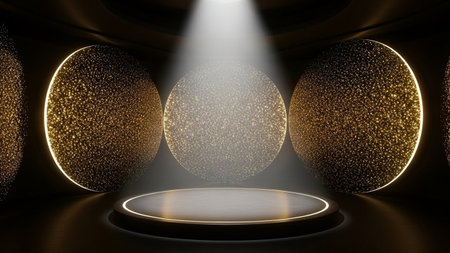 3d render of podium and spotlights in the dark room.