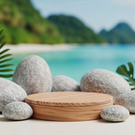 Wooden round podium on the beach and sea. 3d renderの写真素材