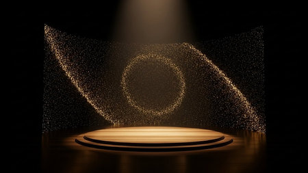 Stage podium with lighting, Stage Podium Scene with for Award Ceremony on black Background.の写真素材