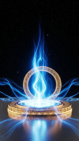 Futuristic blue lightning on a round pedestal. 3d rendering
