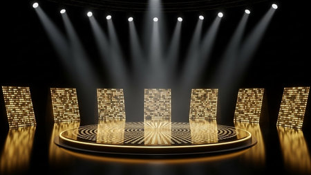 Stage podium with lighting, Stage Podium Scene with for Award Ceremony on black Background.