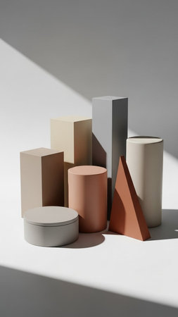 3d render of geometric shapes, podiums on white background. Minimal composition.