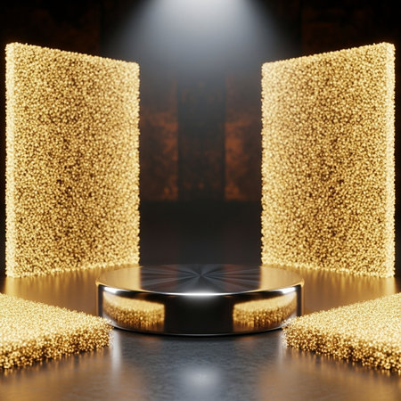 3d render of black podium with golden sequins and spotlightsの写真素材