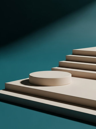 3d rendering of white podium on turquoise background with shadowの写真素材