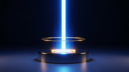 3d render, abstract background, round pedestal with blue neon lightの写真素材